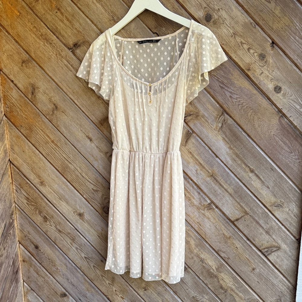 Zara trafaluc Cream sheer Polka Dot cap sleeve above knee mini Dress medium